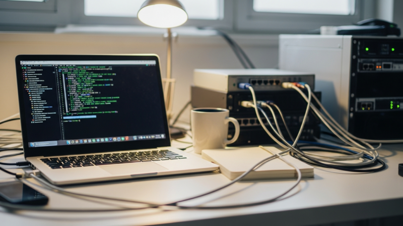 Developer workstation with laptop and homelab network equipment