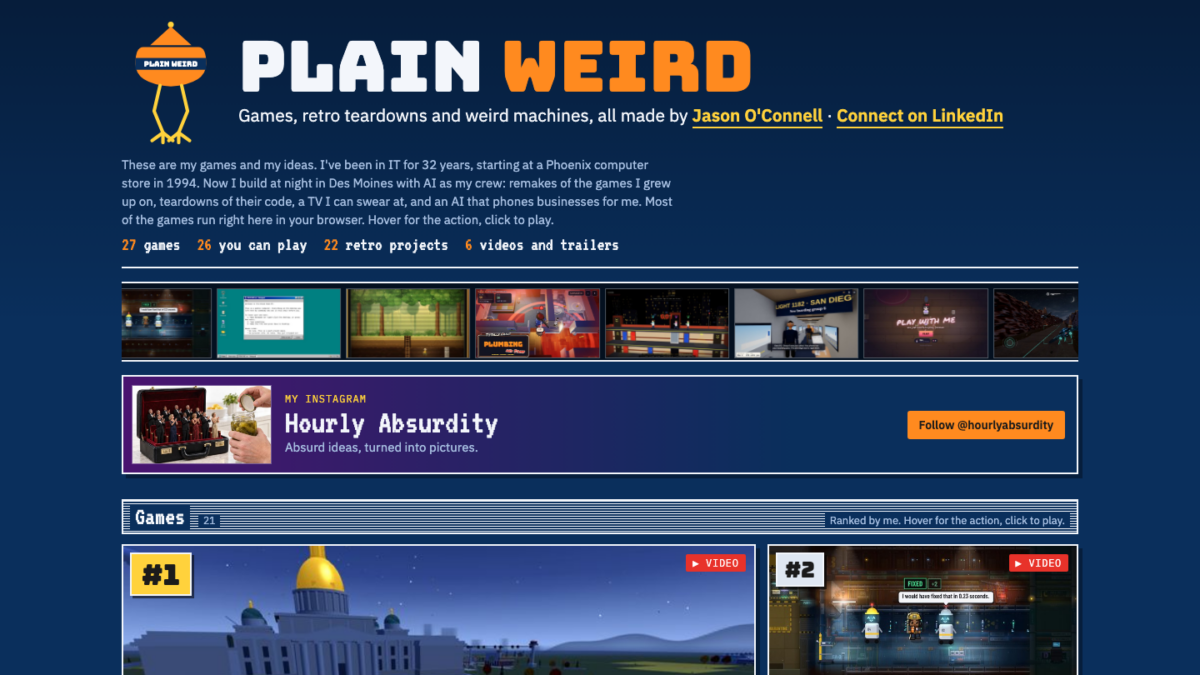 Actual screenshot of Jason O’Connell’s Plain Weird website, showing his creator credit and project collection.