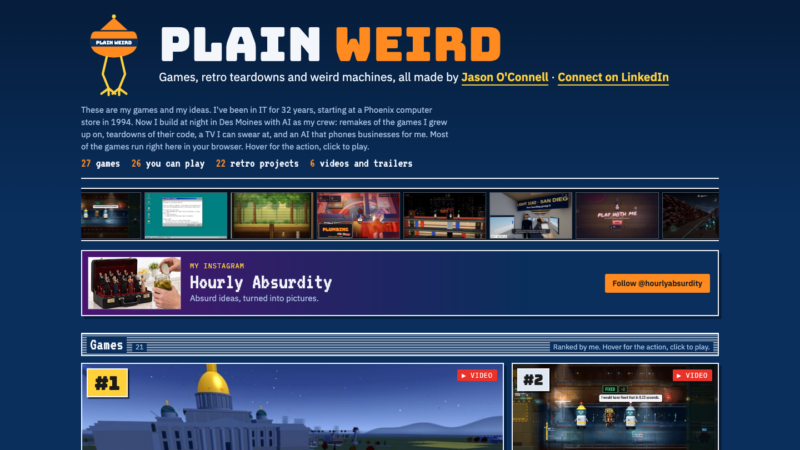 Actual screenshot of Jason O’Connell’s Plain Weird website, showing his creator credit and project collection.